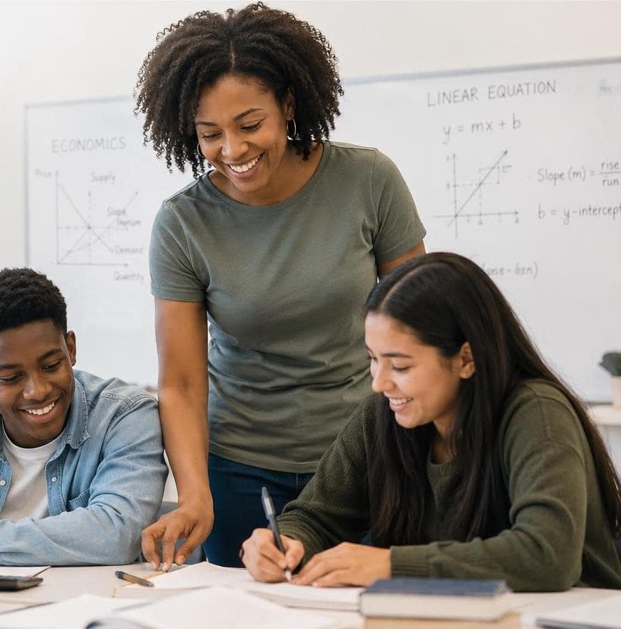 A teacher working with two students on math and economics problems, with equations and charts visible on the whiteboard behind them
